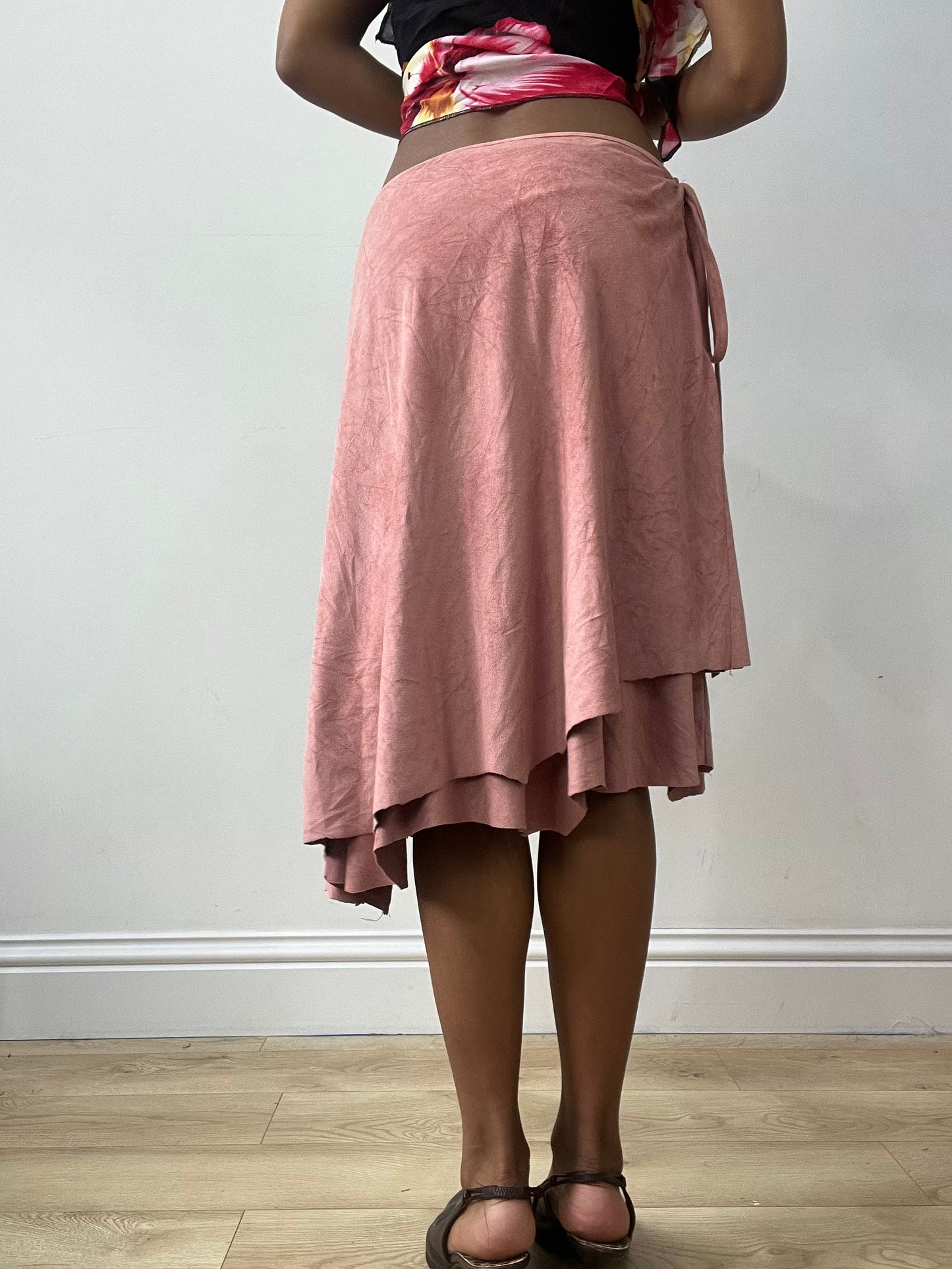 vintage edit thirty-two | medium pink suede style asymmetric midi skirt