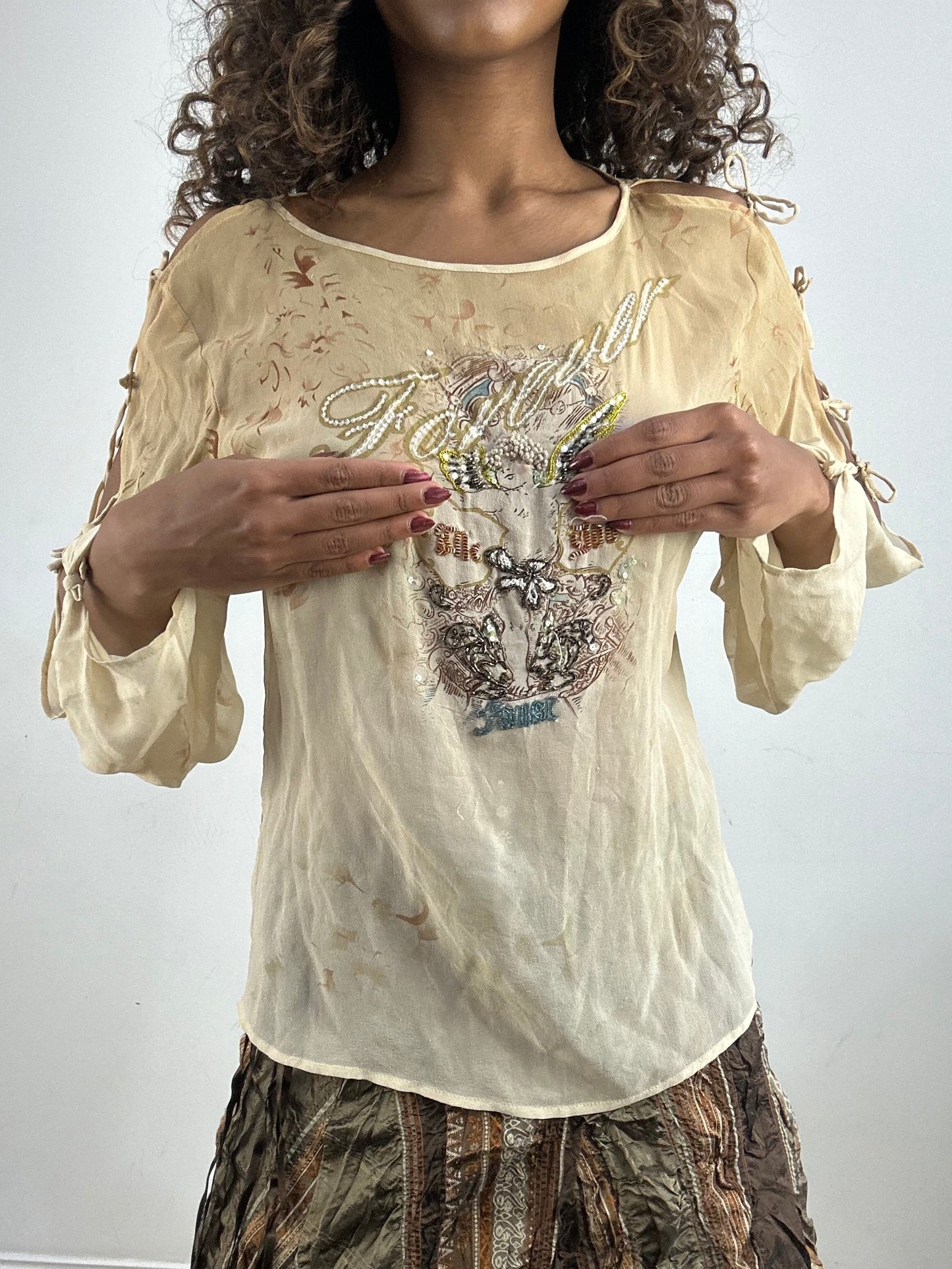 vintage edit thirty-four | small beige sheer long sleeve top