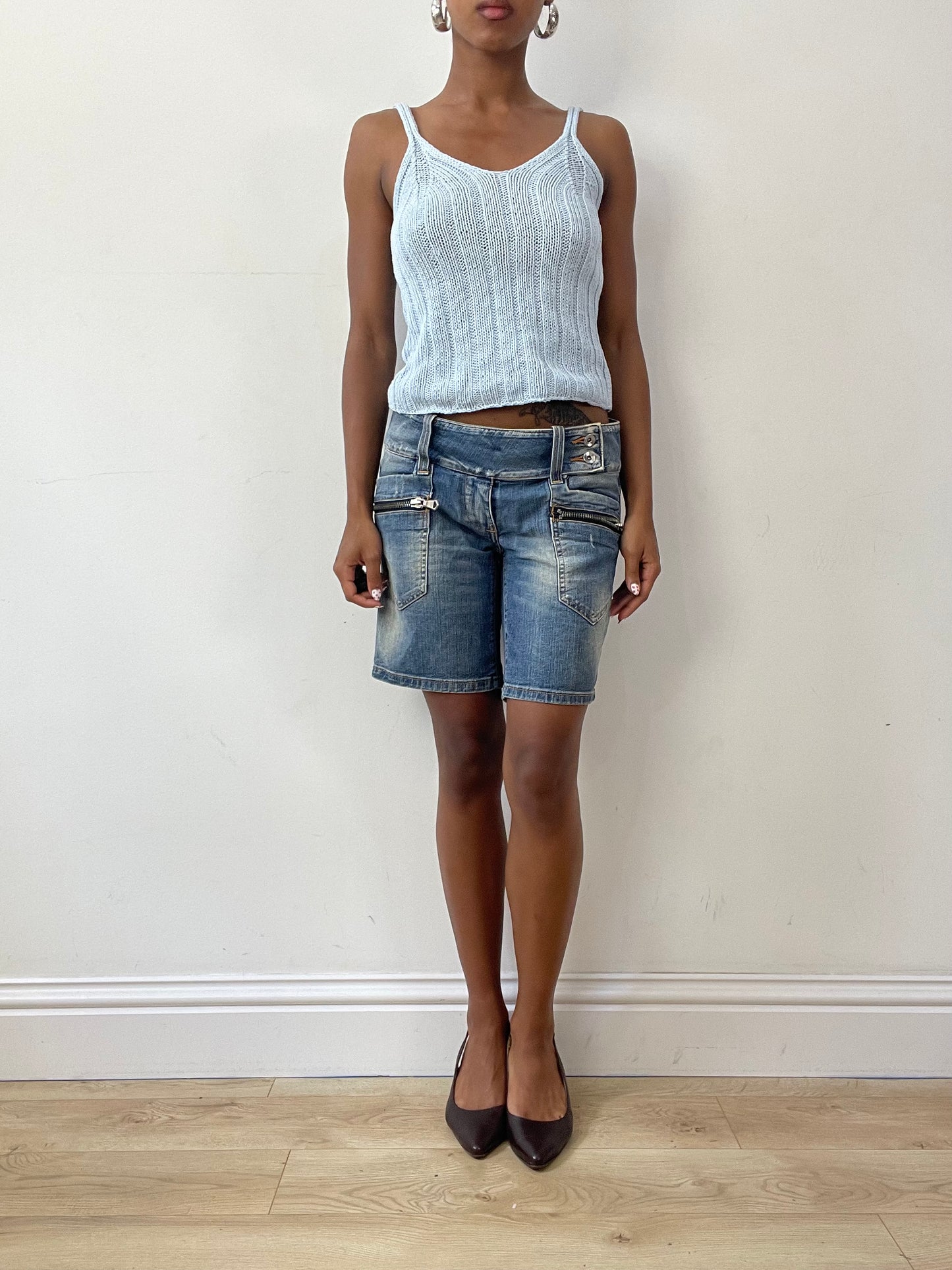 vintage edit twenty-seven | medium blue denim belted shorts with zip details