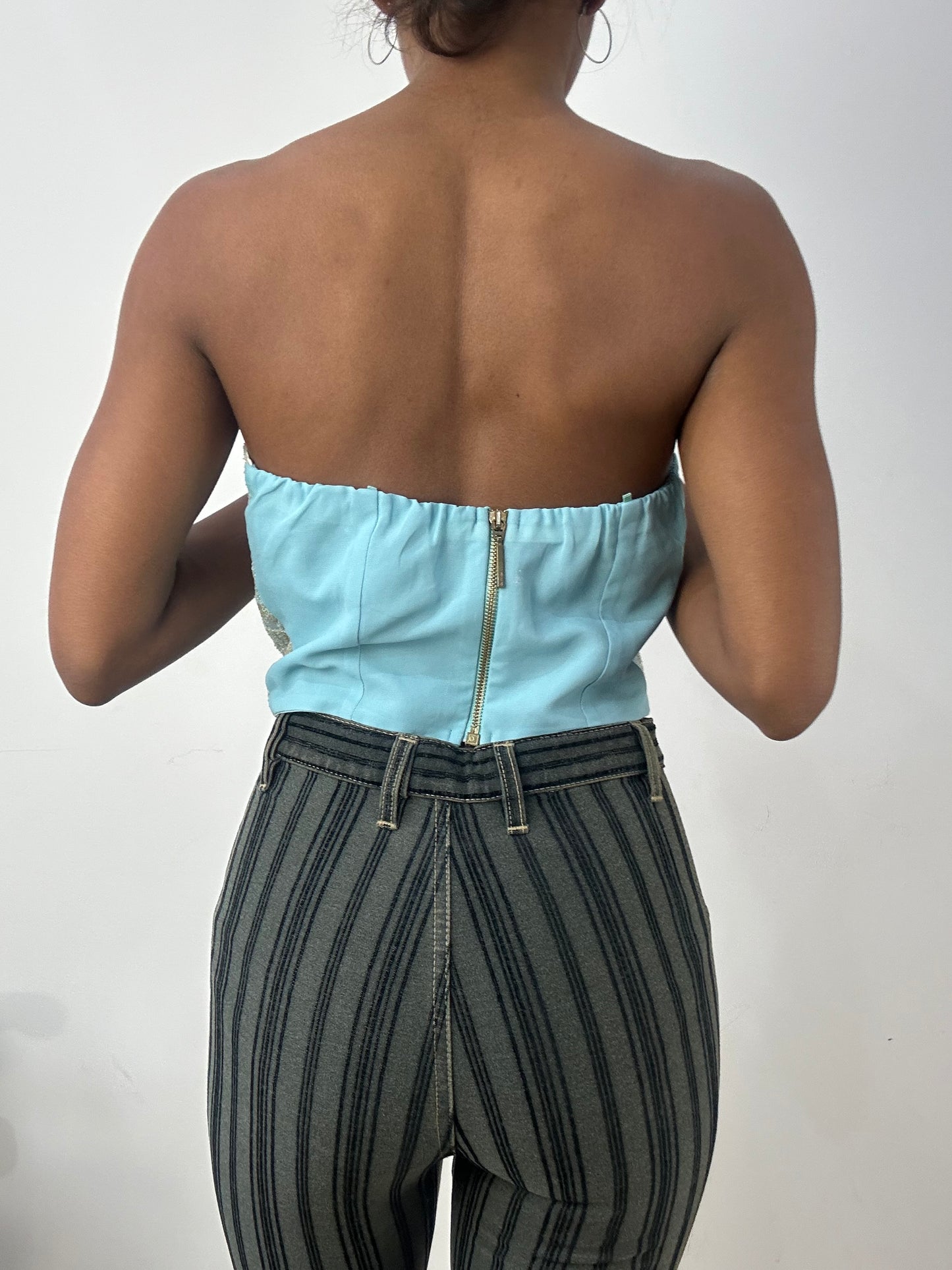 BEST PICKS | medium blue bandeau top with lace and sequin overlay