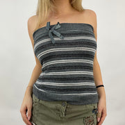 💻💚BEST PICKS | small grey knit striped strapless top with bow detail