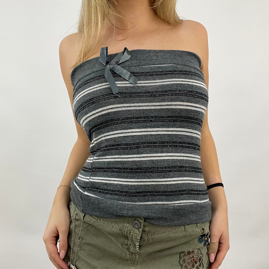 💻💚BEST PICKS | small grey knit striped strapless top with bow detail