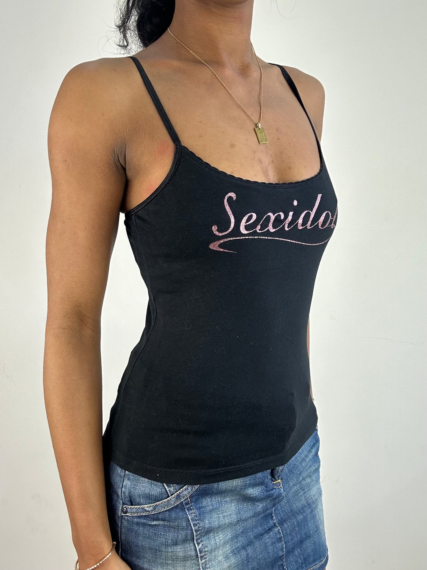 vintage edit: tops | small black and pink glittery ‘sex idol’ cami top