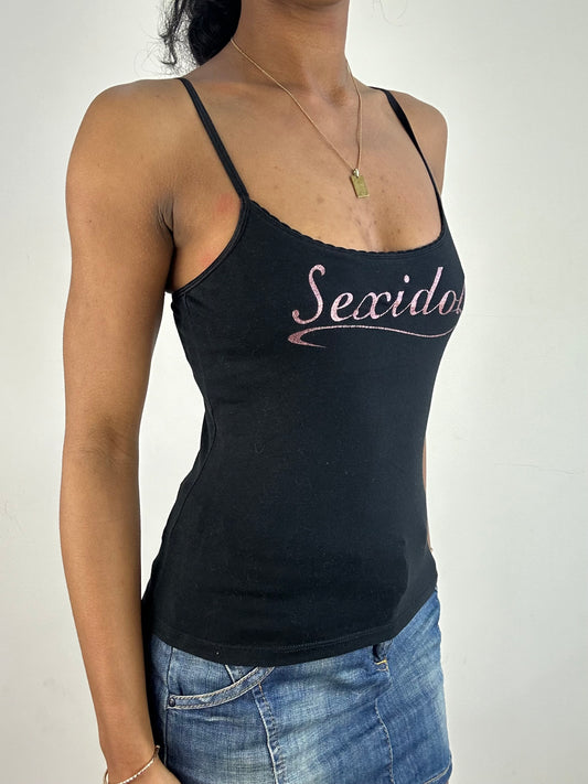 vintage edit: tops | small black and pink glittery ‘sex idol’ cami top