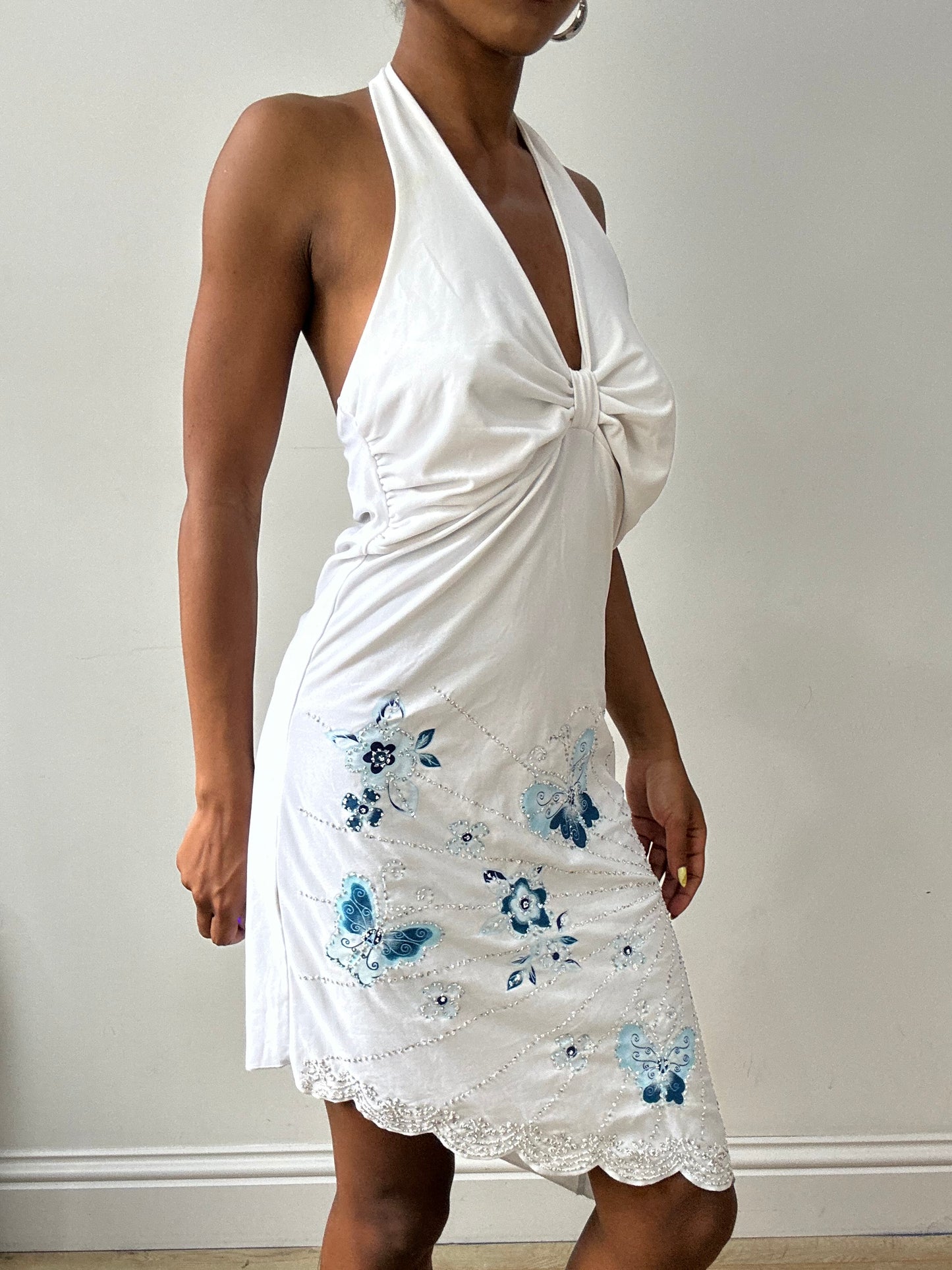 vintage edit thirty-two | small white halterneck midi dress with blue butterfly print
