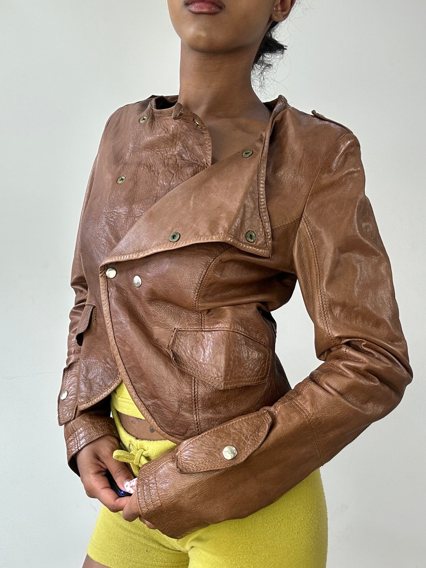 vintage edit twenty-nine | small brown leather jacket with gold button detail