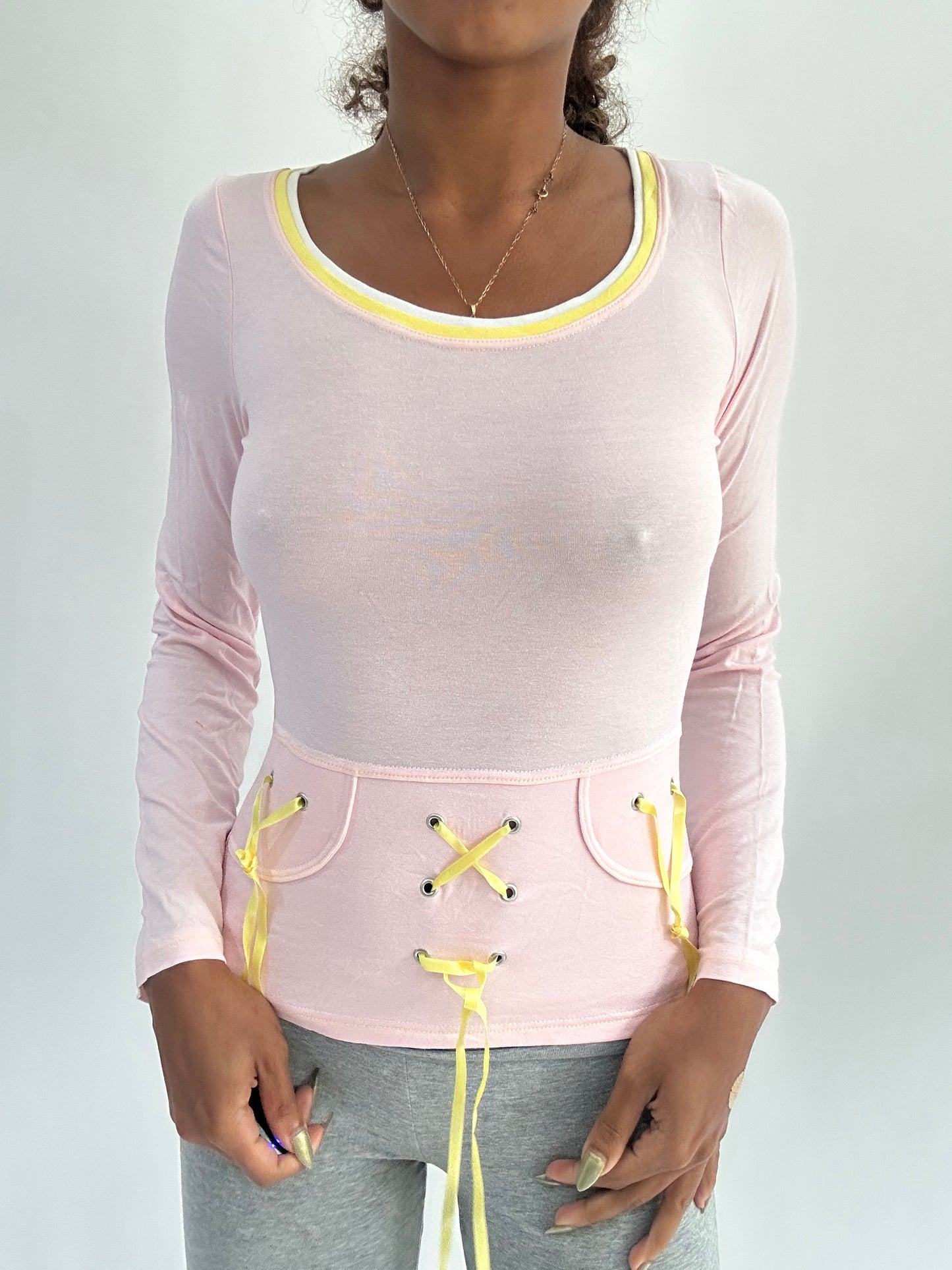 ‼️ | small light pink long sleeve ribbon detail top