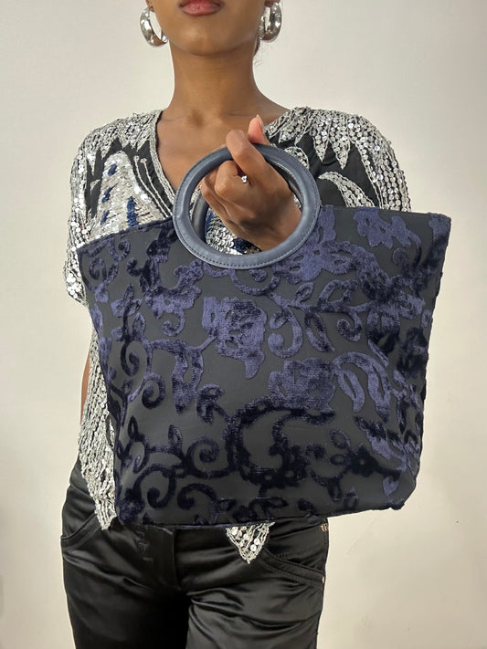 vintage edit: halloween | blue and black handbag with velvet details