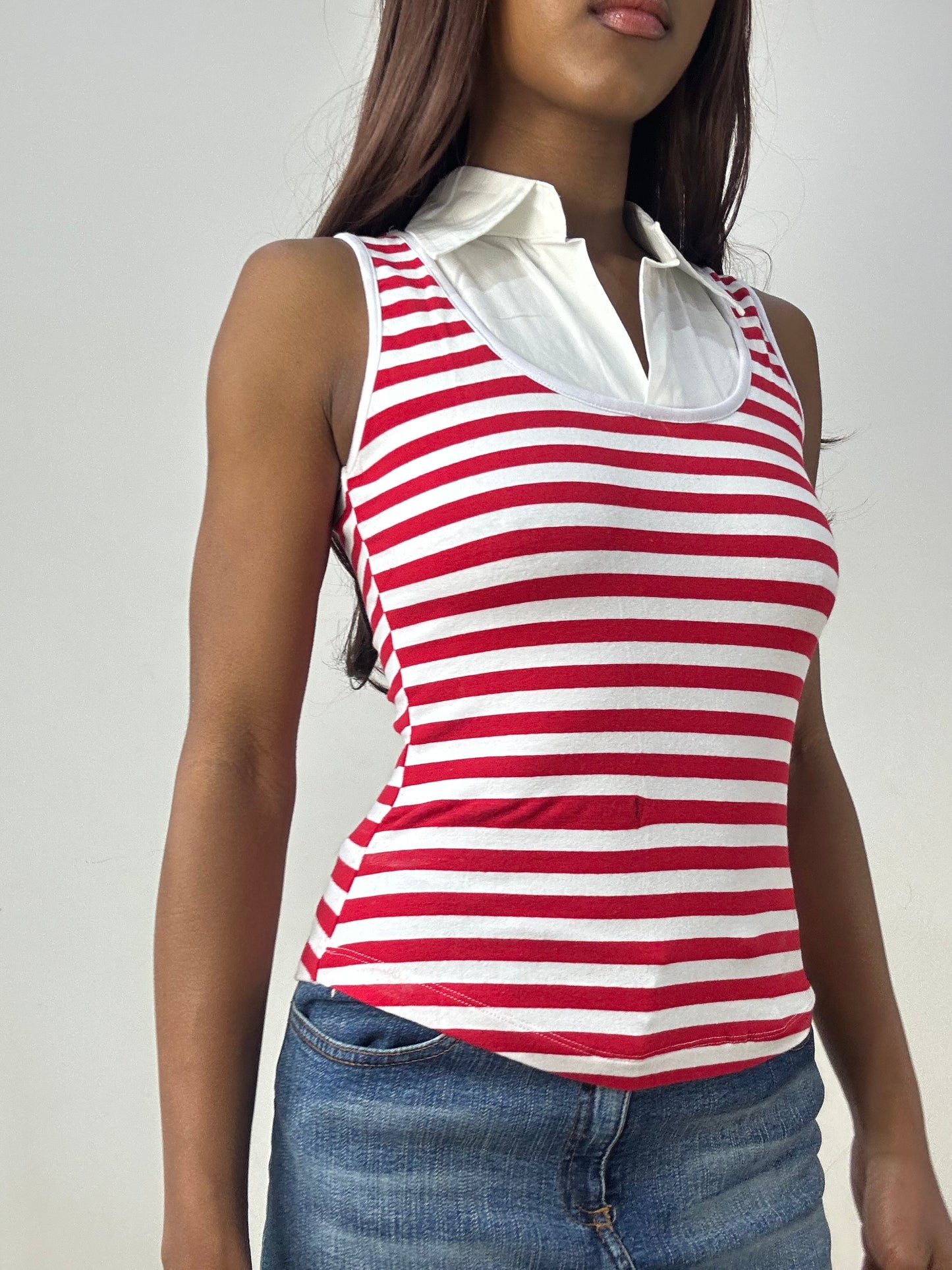 vintage edit thirty-three | extra small white and red sleeveless top with shirt detail