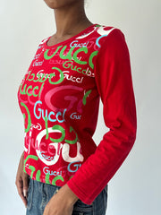 summermaxxing drop | small red gucci logo print long sleeve top
