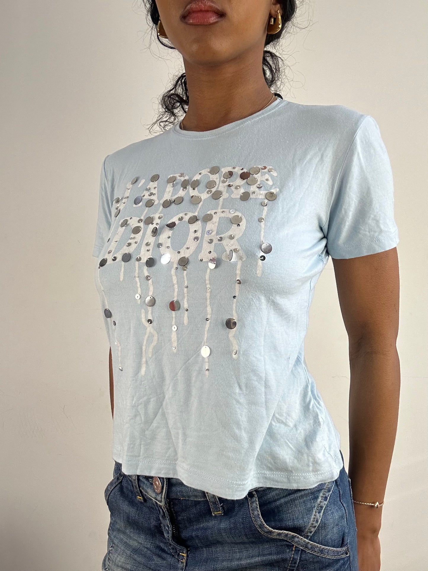vintage edit: tops | small blue dior logo t-shirt with dripping effect sequins