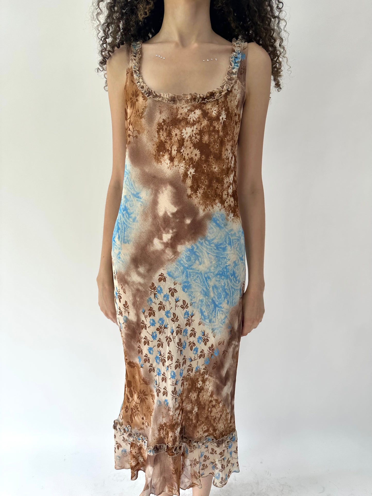 festival drop | medium brown and blue mesh overlay midi dress