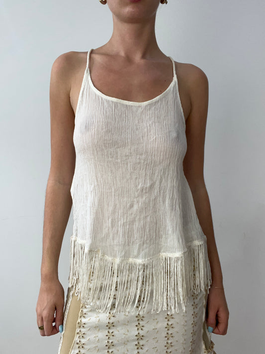 vintage edit thirty | small white linen cami with tassel trim detail
