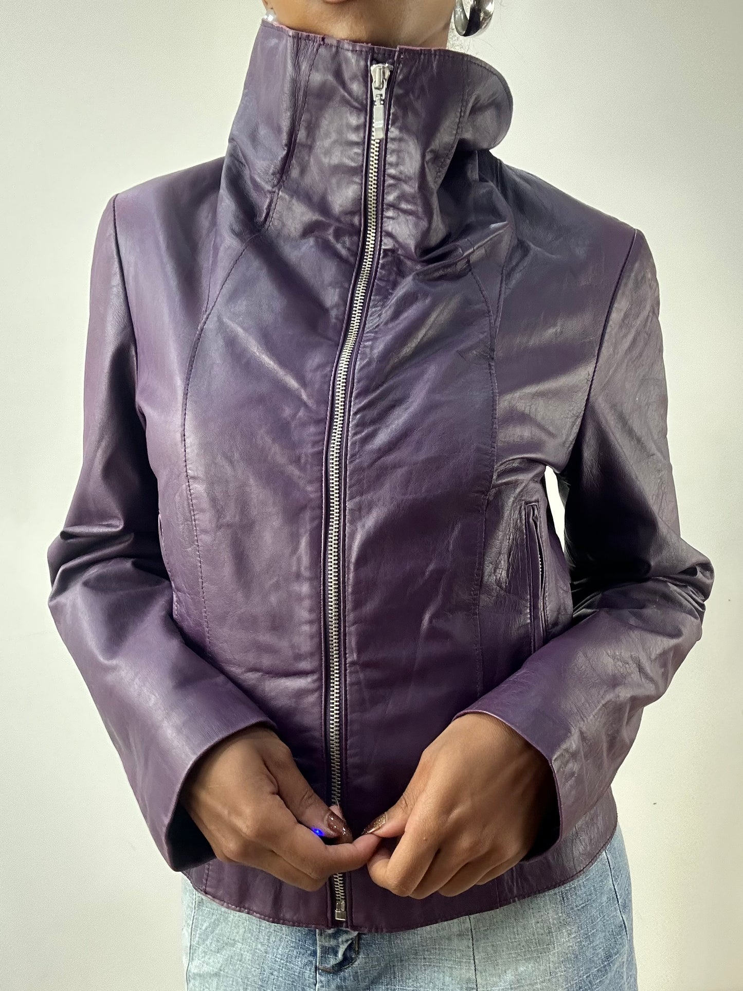 LFW edit | small purple faux leather jacket with silver zip detail