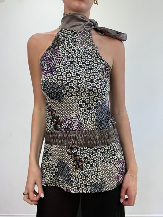 vintage edit: wedding guest | medium grey and purple high neck top with floral print