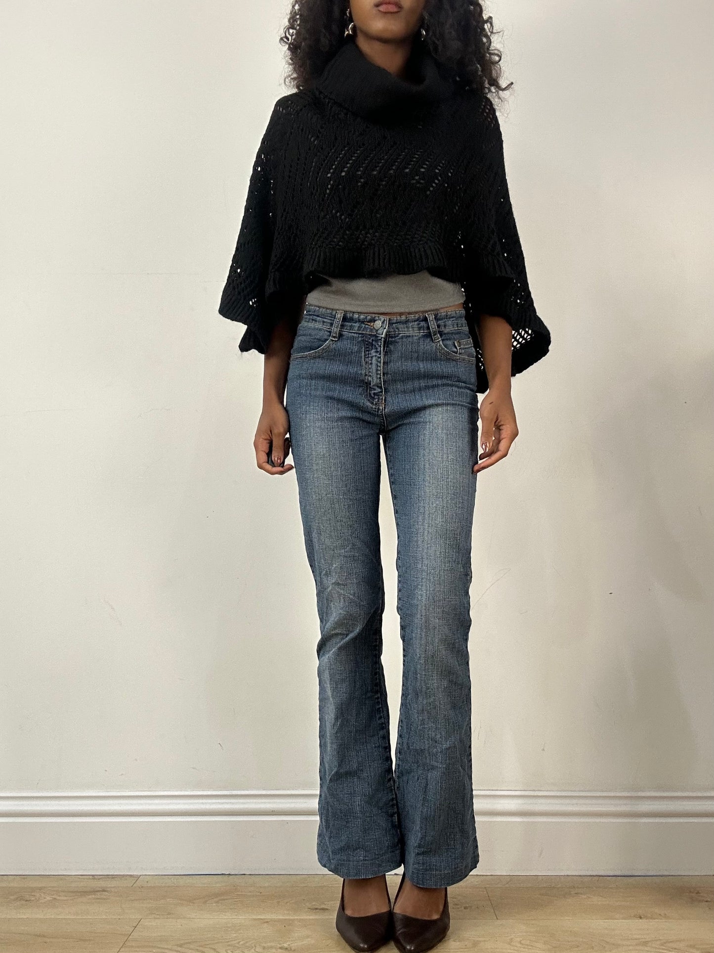 LFW edit | one size black knit crochet roll neck poncho