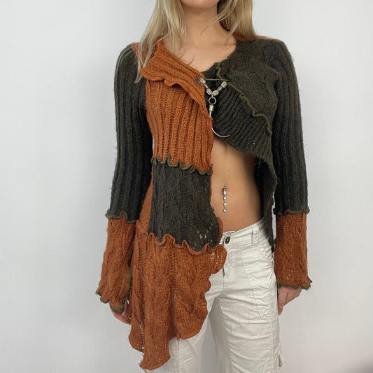 ETHEREAL GIRL DROP | medium brown and orange knitted asymmetric cardigan with beaded safety pin closure