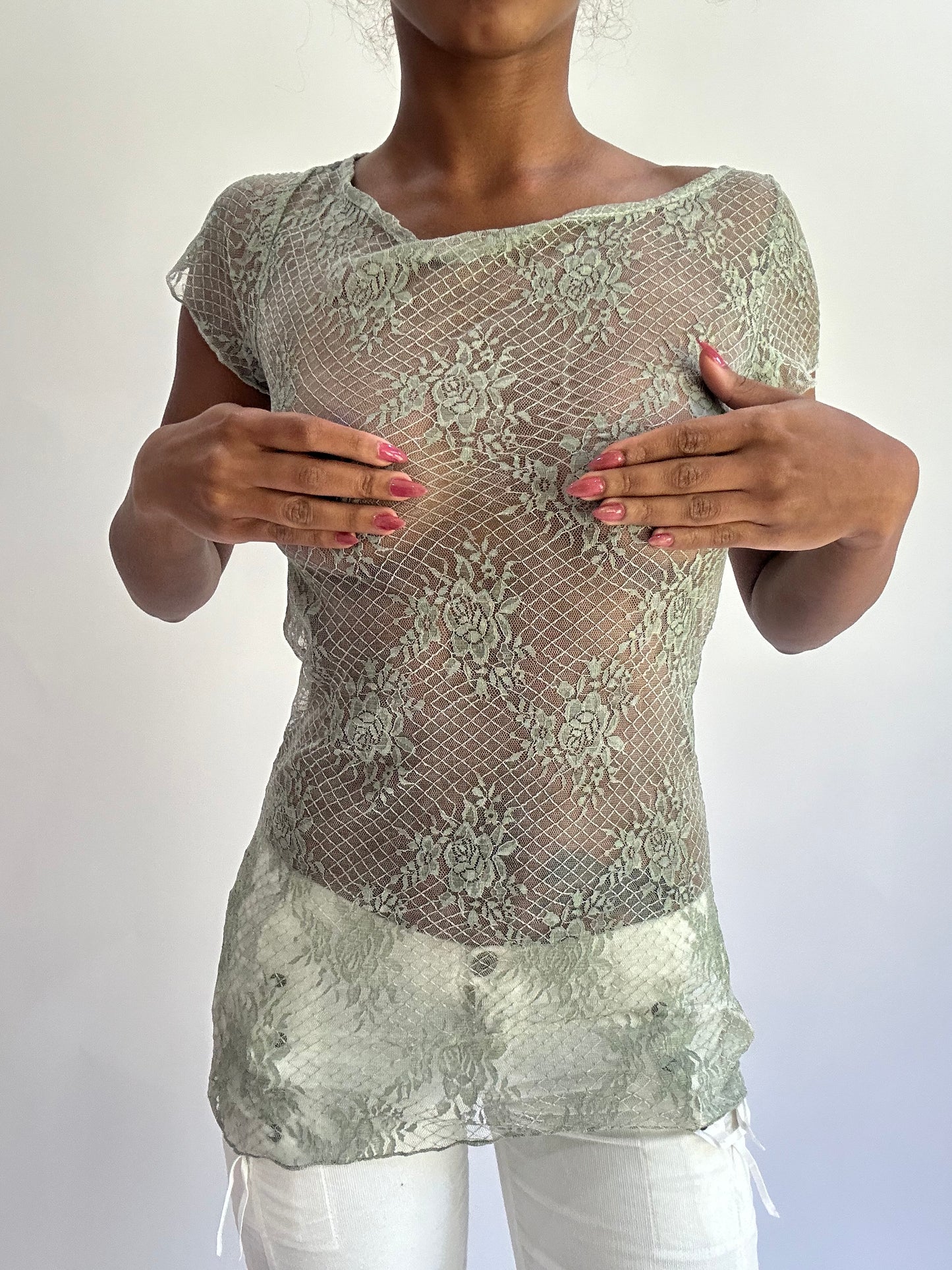 olivia rodrigo drop | small light green lace short sleeve top