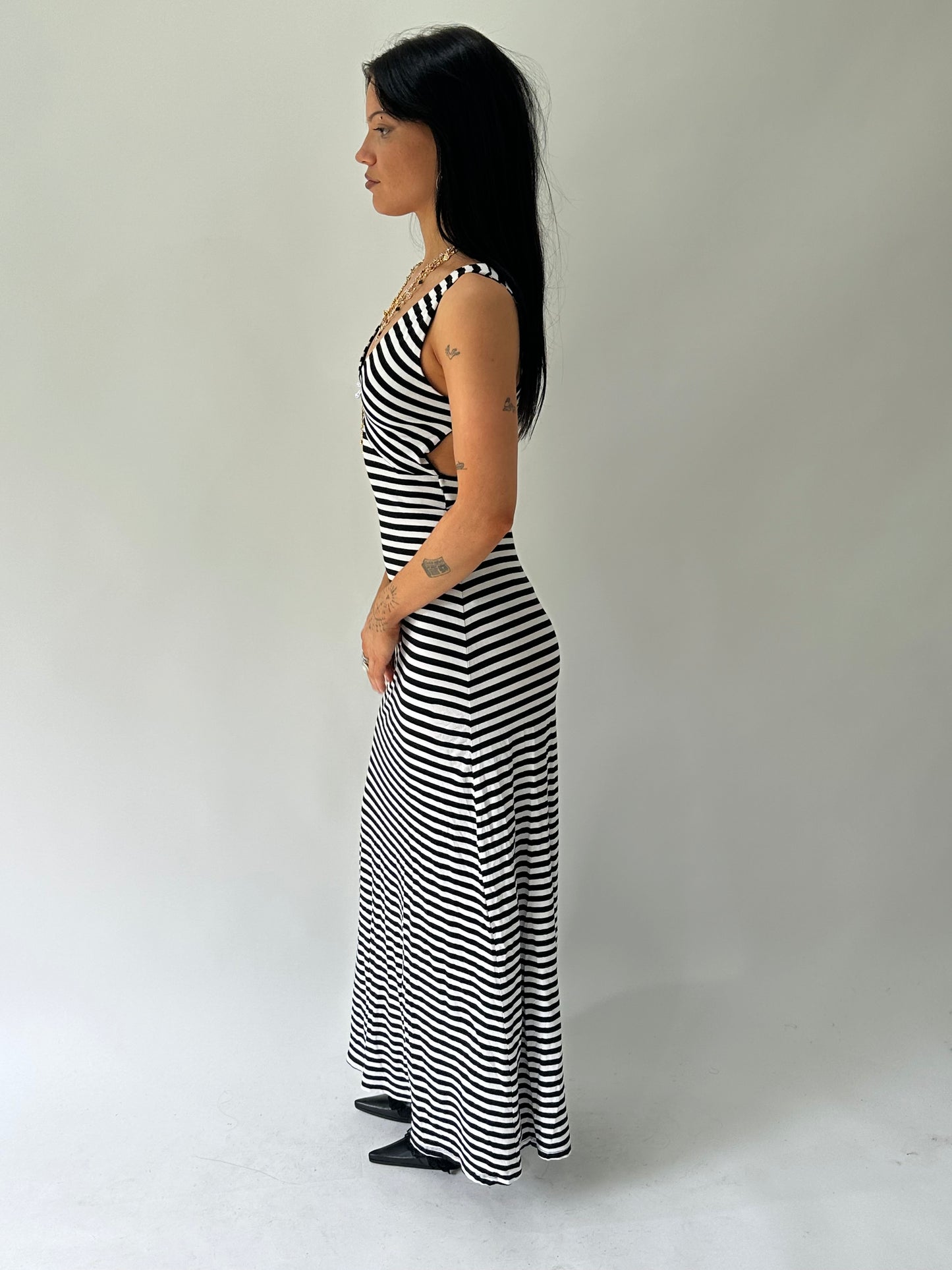 sailor drop | small black and white striped maxi dress