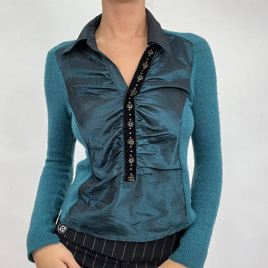 💻CARRIE BRADSHAW DROP | medium blue long sleeved collared top with two tone material and embellishment on the bust