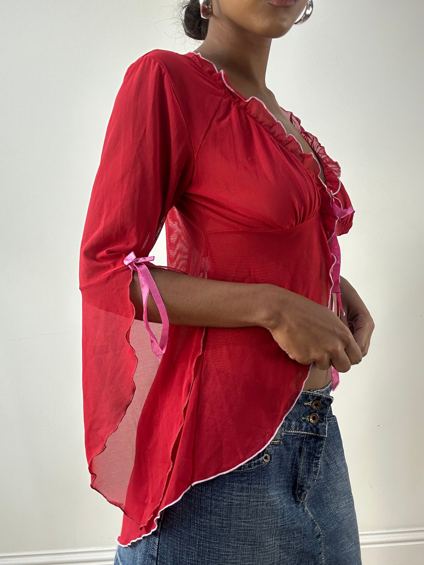 LFW edit | extra small red sheer tie up top with ribbon details