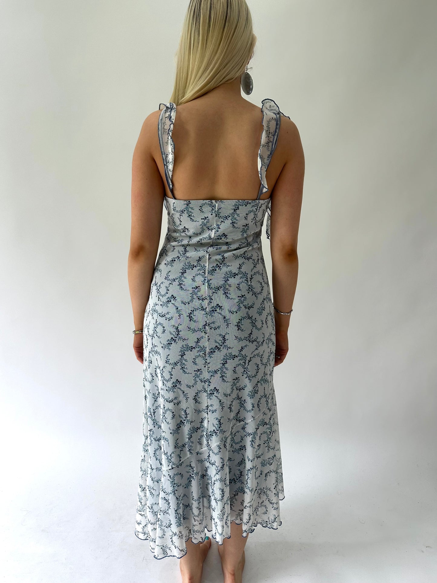 sailor drop | small blue paisley print mesh overlay maxi dress