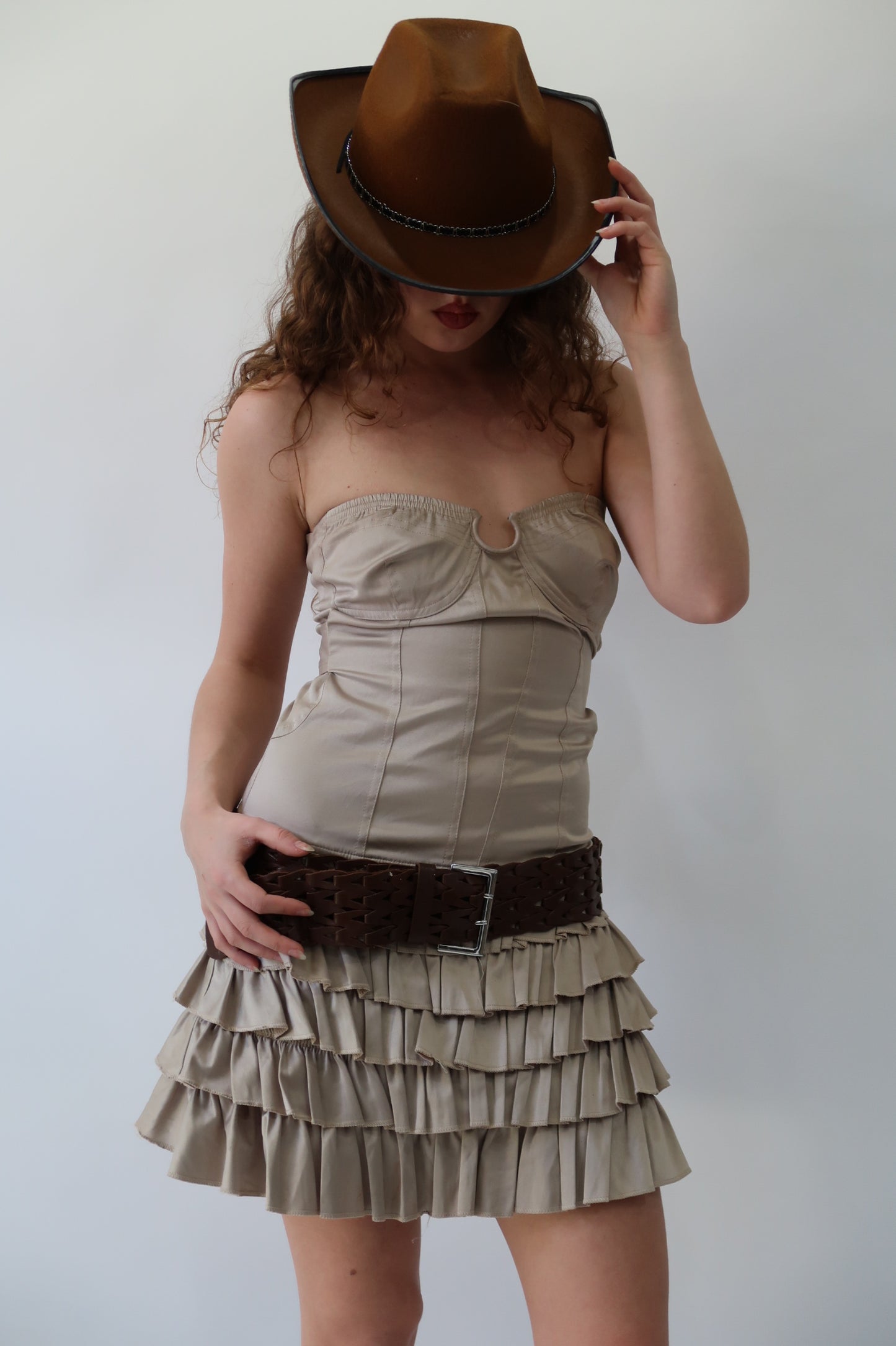 western edit | small beige ruffle skirt mini dress