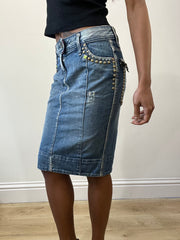 2016 edit | small/medium blue denim midi skirt with graphic details