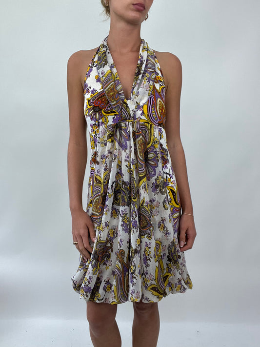 PALM BEACH DROP | small morgan de toi halterneck dress with purple paisley detail all over