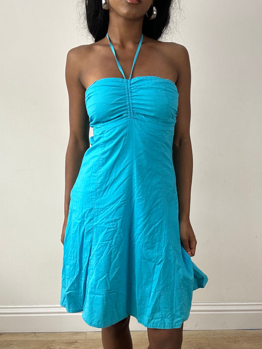 vintage edit twenty-five | medium blue halterneck midi dress with tie up back detail
