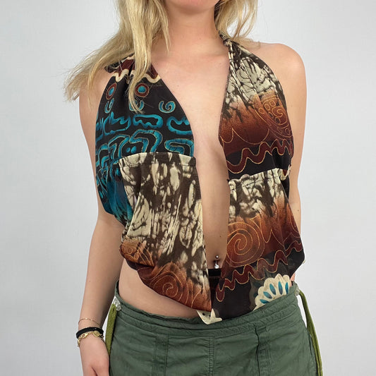 HIPPY CHIC DROP | large brown halterneck open front patterned top