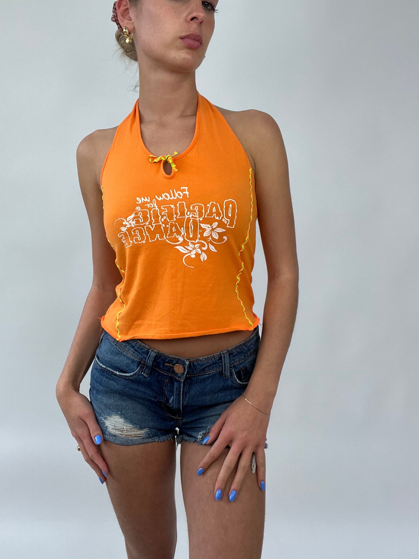 💻 COCONUT GIRL DROP | small orange halter neck top with ‘follow me pacific dance’ spellout