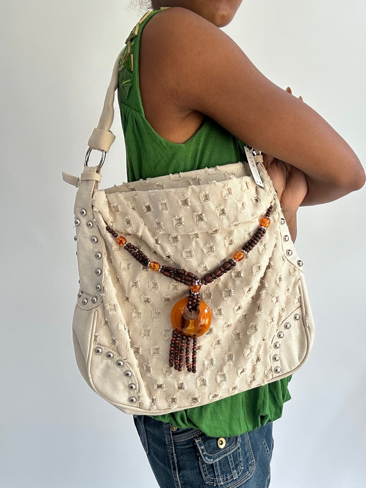 summermaxxing drop | cream studded shoulder bag with beaded detail
