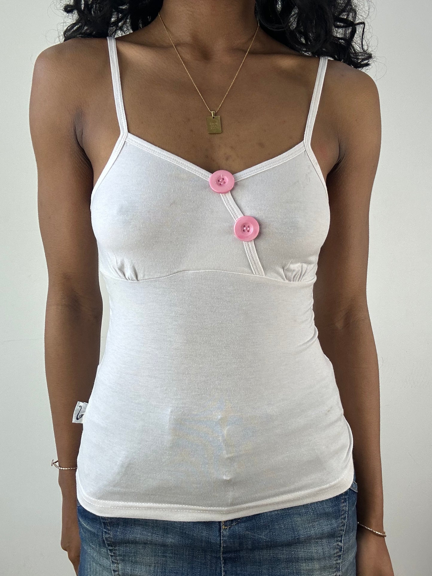 vintage edit: tops | small white cami top with pink buttons