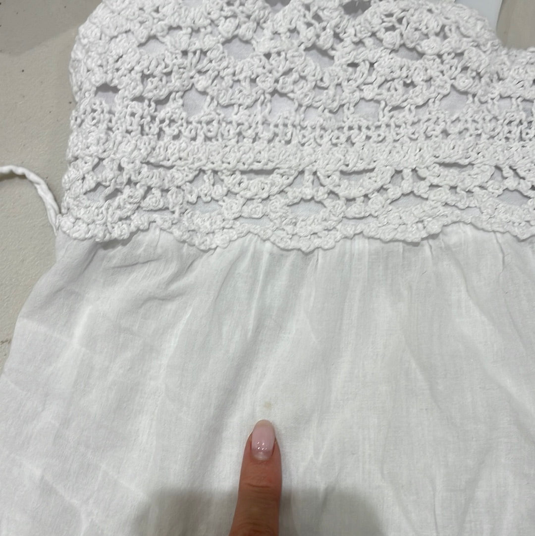 COASTAL GRANDMA DROP | small white crochet detail top with tie back