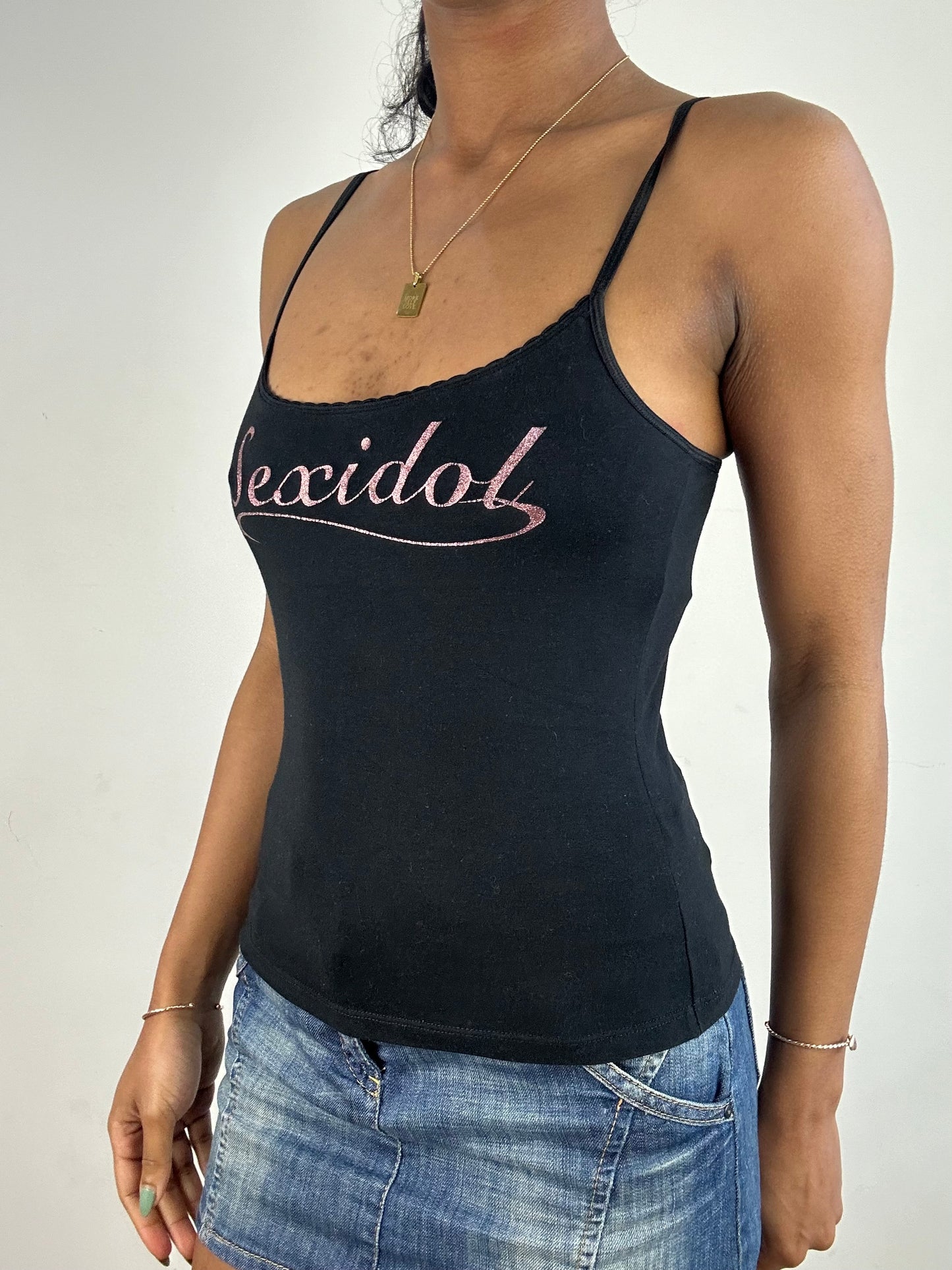 vintage edit: tops | small black and pink glittery ‘sex idol’ cami top