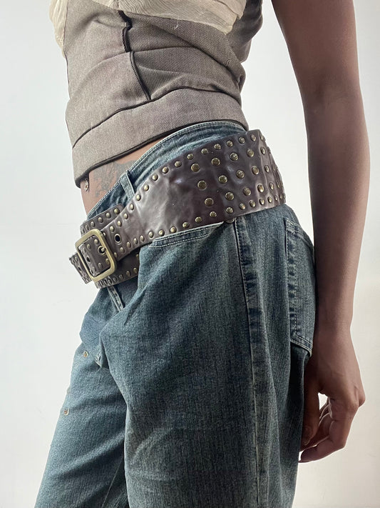 LFW edit | brown statement belt with gold studding and buckle detail
