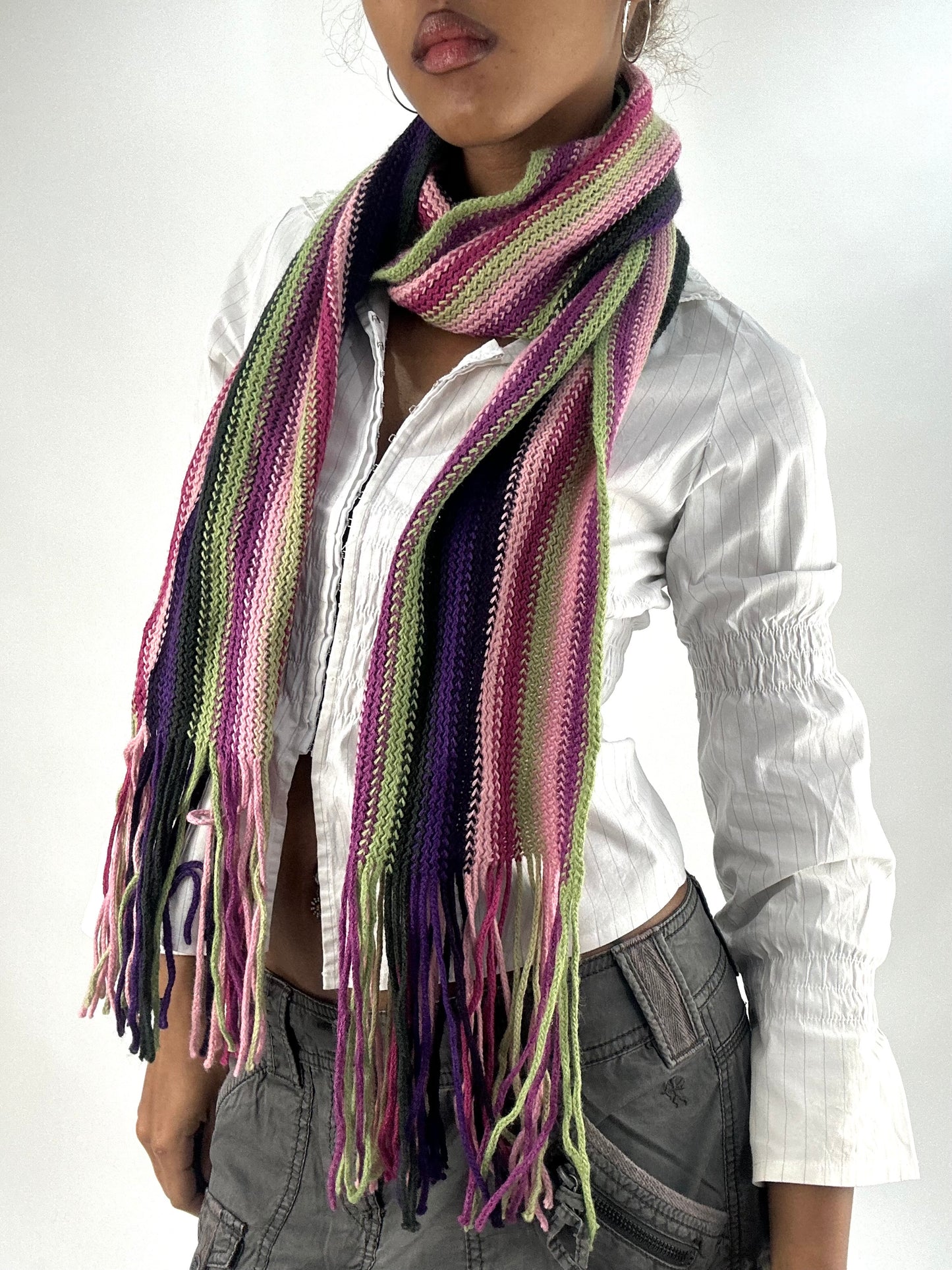 vintage edit thirty-five | green and pink striped tassel scarf