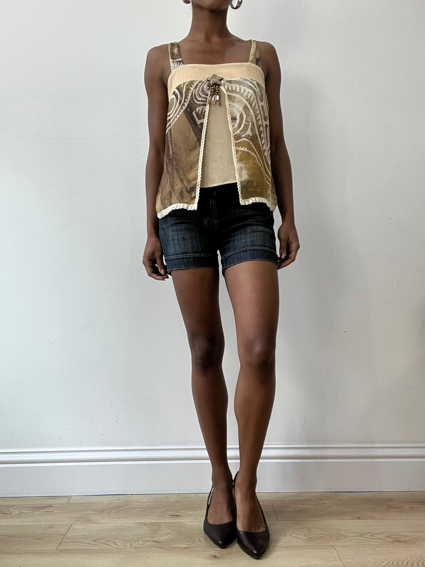 vintage edit thirty-one | medium brown and beige mesh overlay cami top