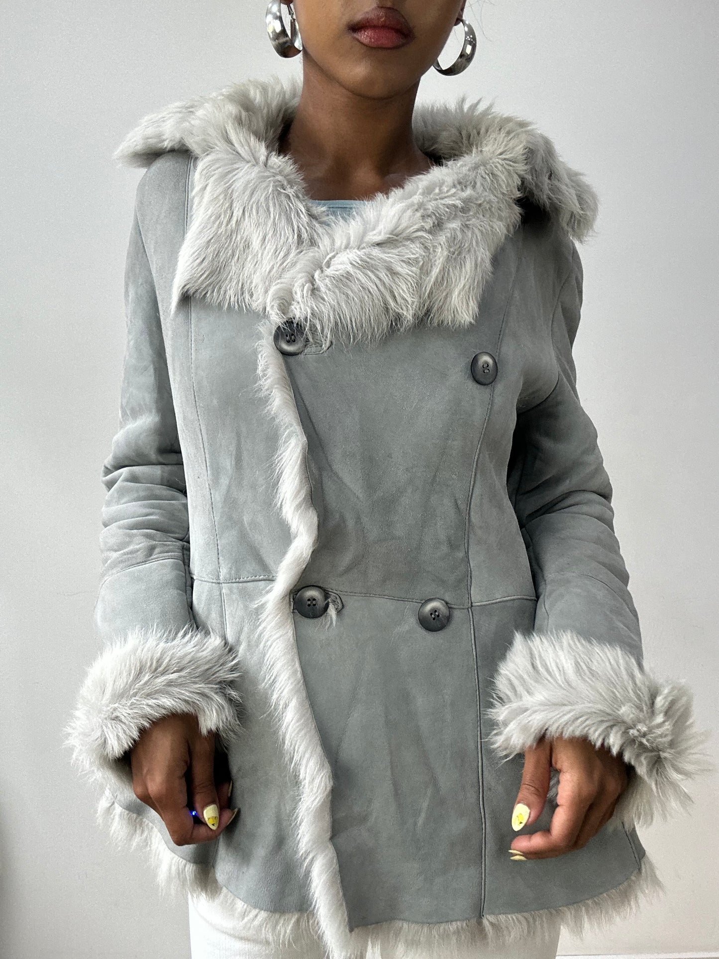 vintage edit thirty-two | small grey suede style jacket with fur lining and oversized buttons