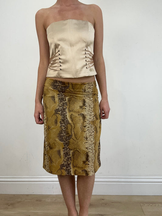 vintage edit nineteen | small brown and yellow snakeskin print midi skirt