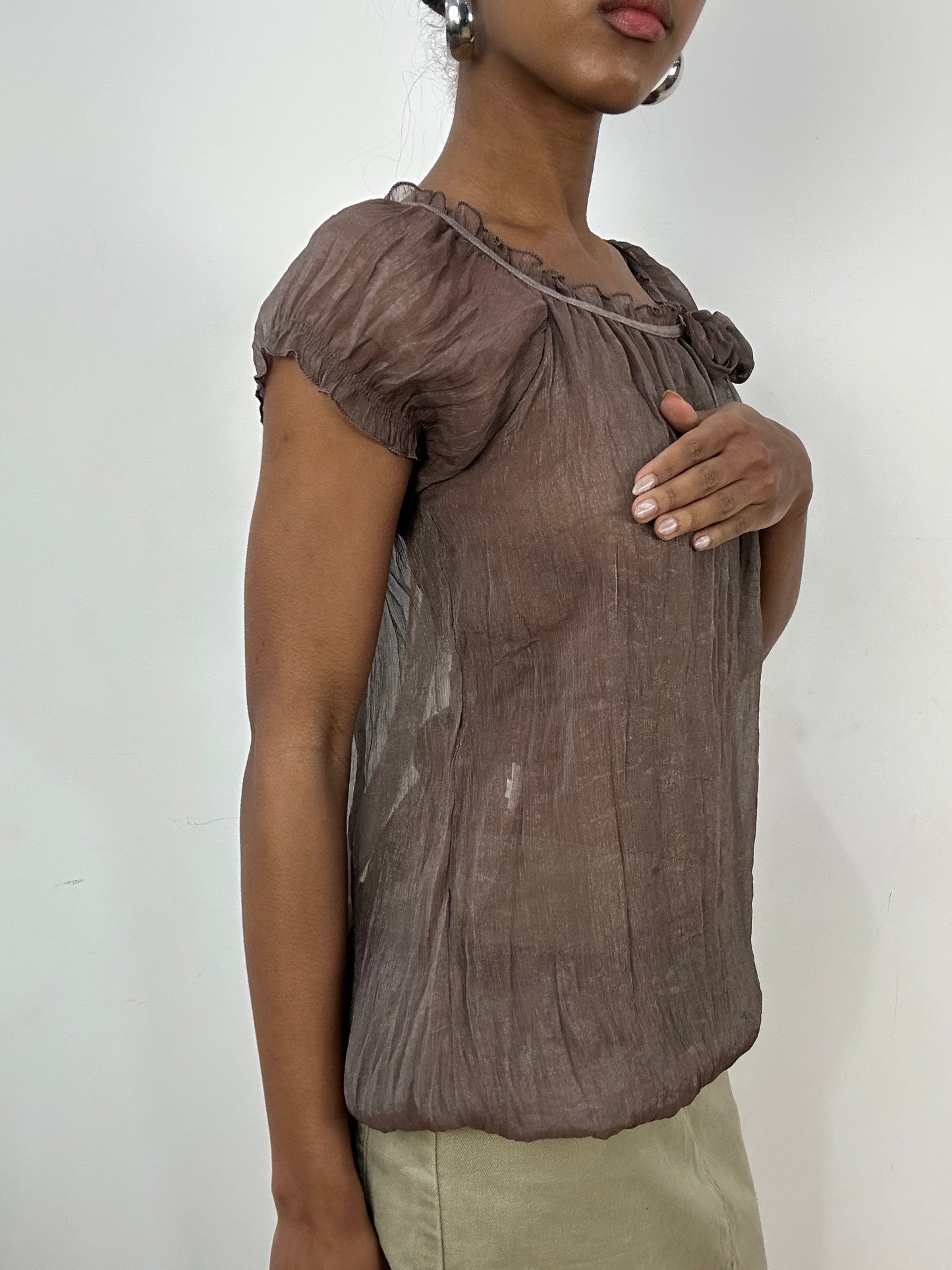 vintage edit: indie sleaze | small khaki brown sheer babydoll top