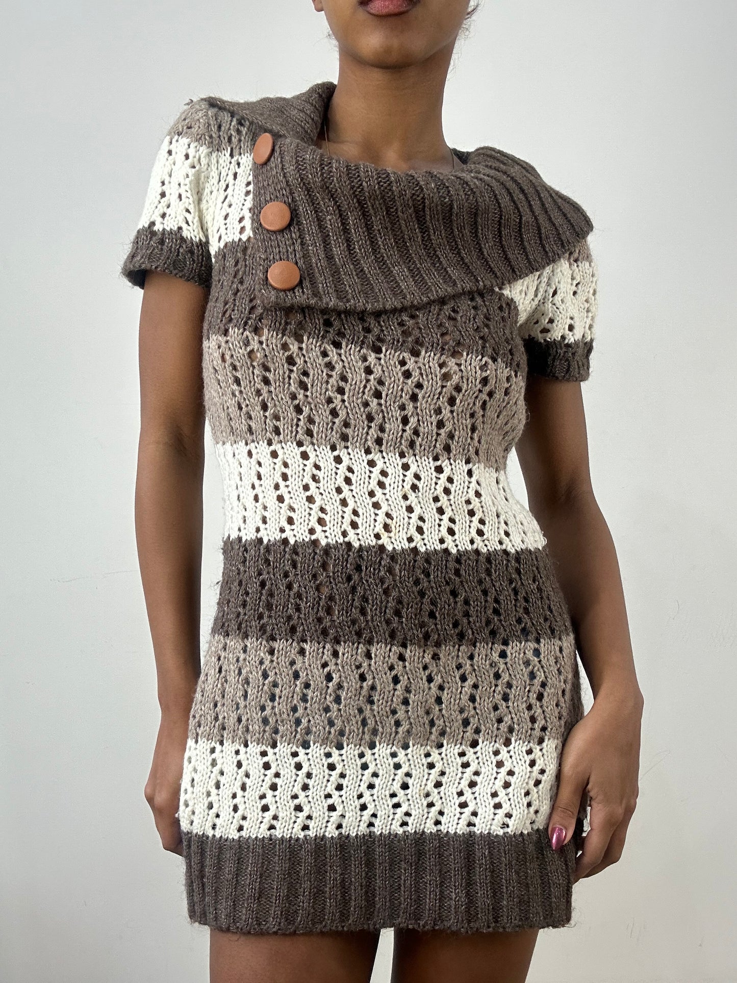BEST PICKS | small brown knit mini dress with fold over collar