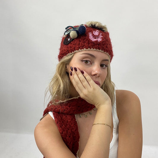12 DAYS OF XMAS DROP | orange/red crochet hat and scarf set with flower detail
