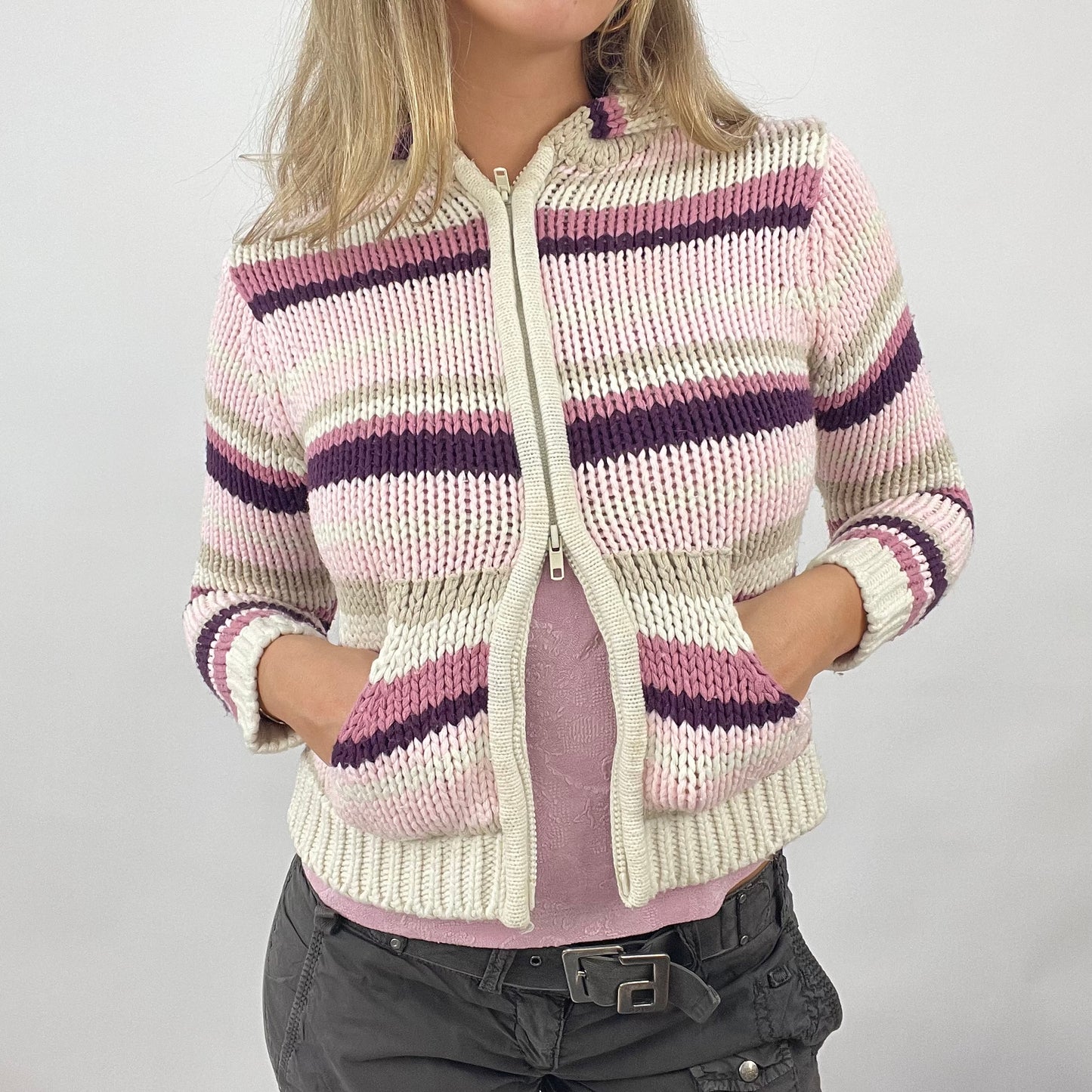 VINTAGE GEMS DROP | small pink knit striped dual zip hoodie