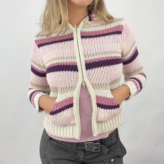 VINTAGE GEMS DROP | small pink knit striped dual zip hoodie