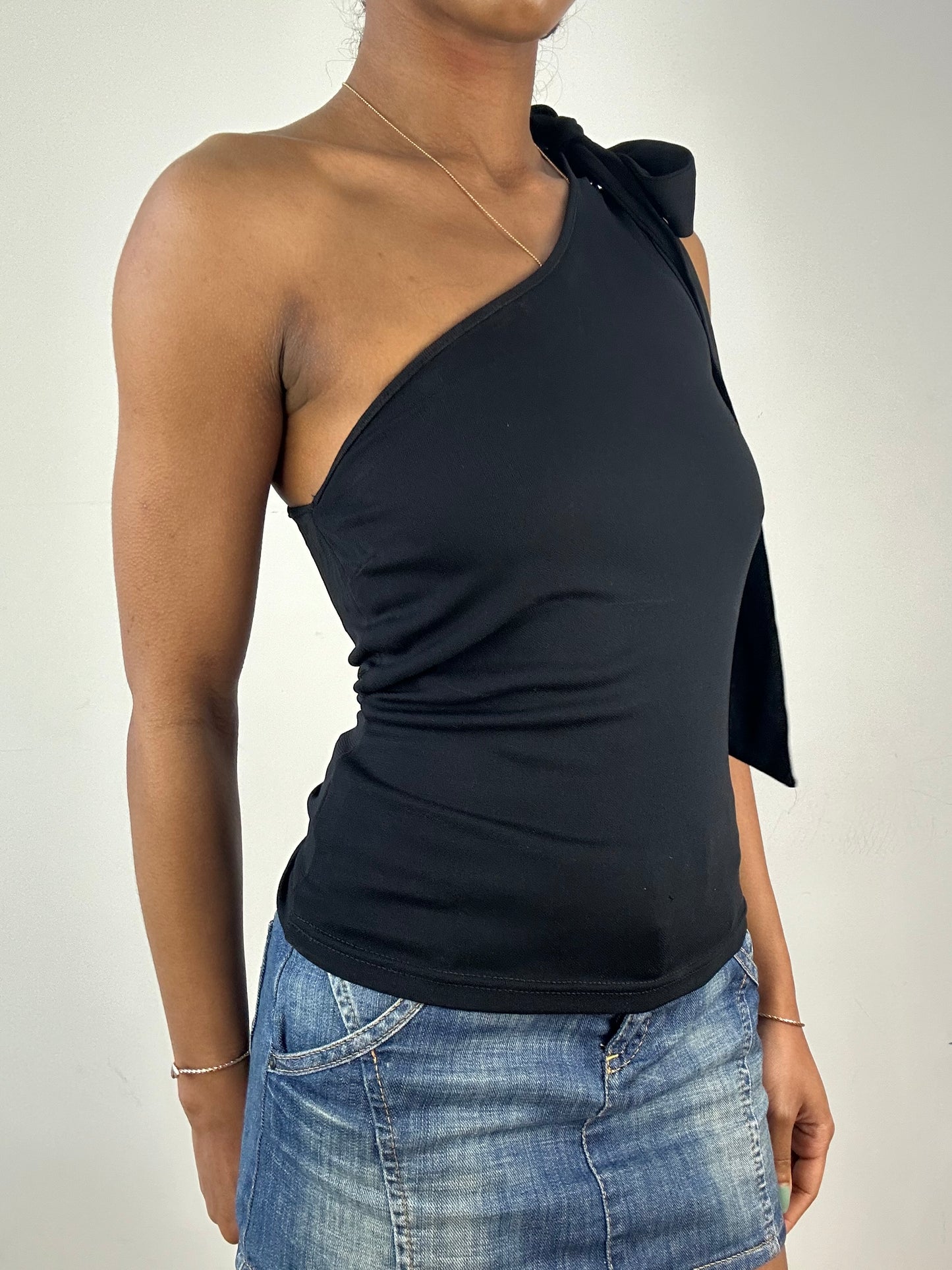 vintage edit: tops | small black asymmetric one shoulder tie up top