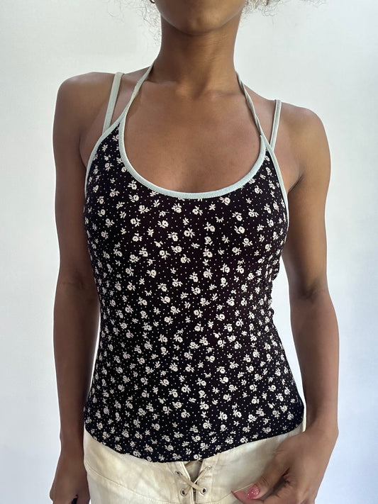 olivia rodrigo drop | small black floral halterneck top