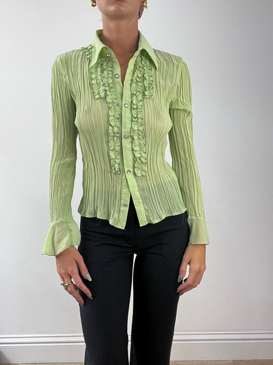 GIRLBAND DROP | medium green chiffon shirt with diamanté buttons