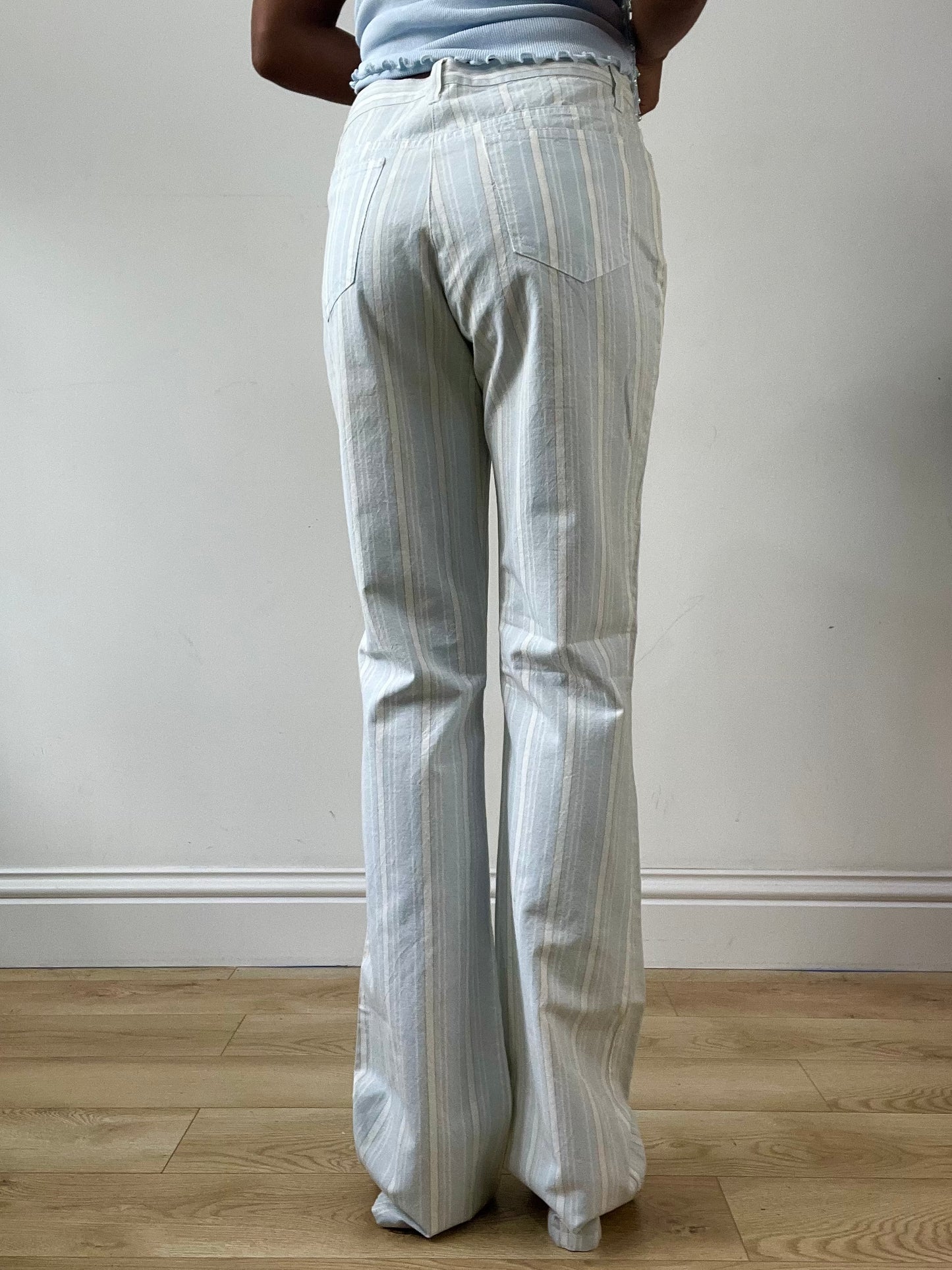 LFW edit | small white and blue straight leg trousers with pinstripe print